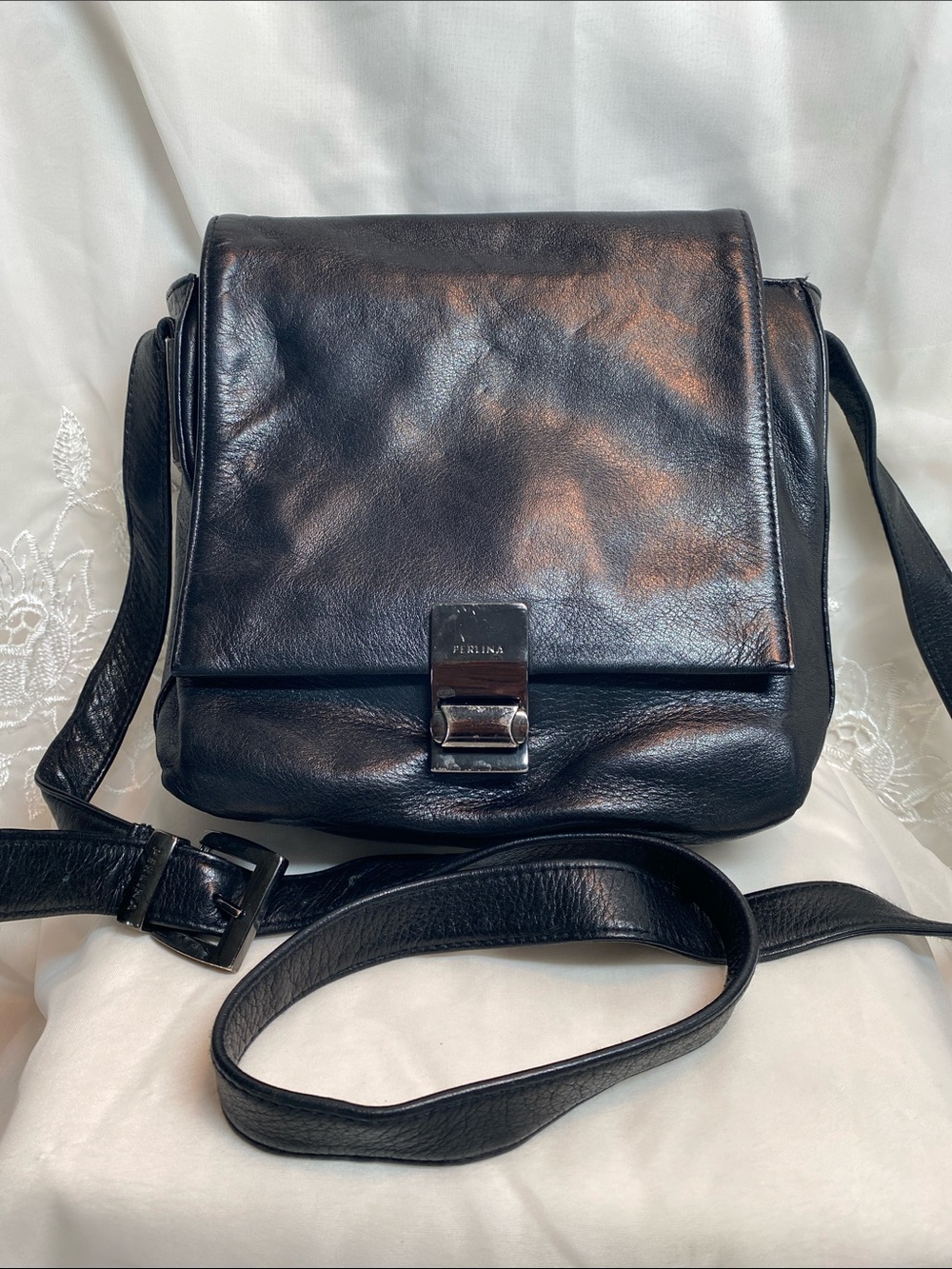 Perlina Black Leather Messenger Crossbody Bag with Polished Clasp
